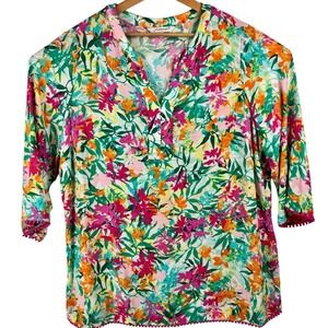 Foxcroft Womens Sz 18W Tunic Top 3/4 Sleeve Tassels Multicolor Floral Tropical